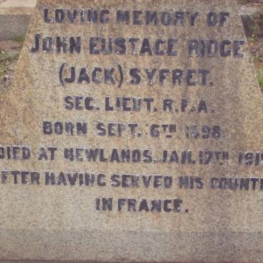 SYFRET John Eustace Ridge 1898-1919