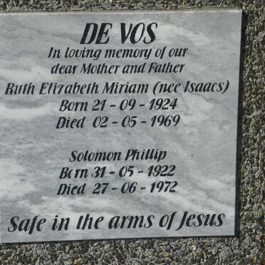 VOS Solomon Phillip, de 1922-1972 &amp; Ruth Elizabeth Miriam ISAACS 1924-1969