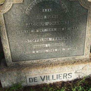 VILLIERS Jacobus Johannes, de -1944 &amp; Stoffelina Fransina LOMBARD -1945