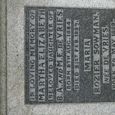 VRIES Martha Elizabeth, de 1884-1889 :: SOWMAN Maria Rozier DE VRIES 1888-1944