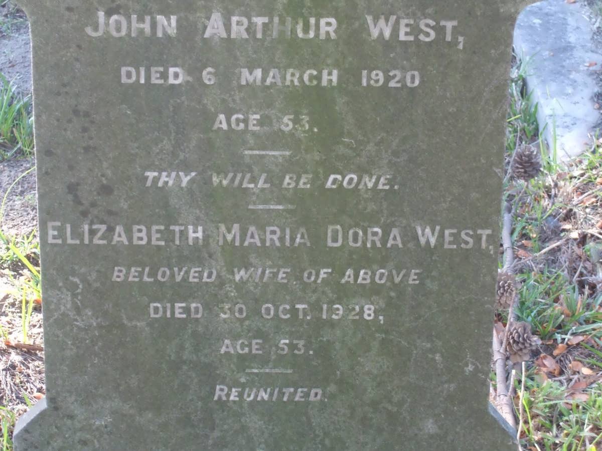 WEST John Arthur -1920 &amp; Elizabeth Maria Dora -1928