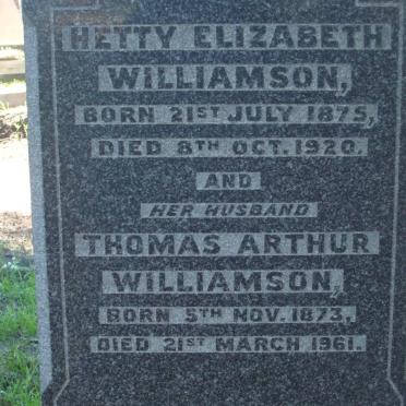 WILLIAMSON Thomas Arthur 1873-1961 &amp; Hetty Elizabeth 1875-1920