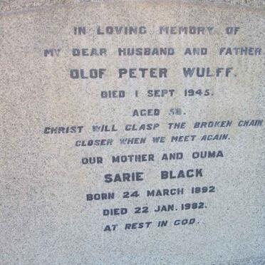 WULFF Olaf Peter -1945 &amp; Sarie BLACK 1892-1982
