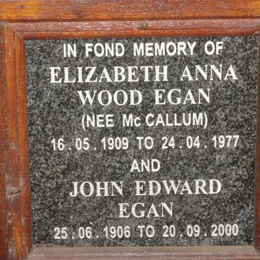 EGAN John Edward 1906-2000 &amp; Elizabeth Anna Wood Mc CALLUM 1909-1977