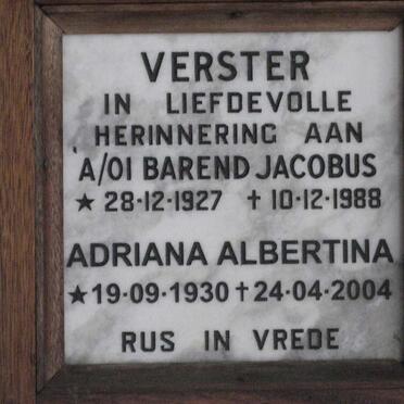 VERSTER Barend Jacobus 1927-1988 &amp; Adriana Albertina 1930-2004