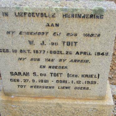 TOIT W.J., du 1877-1948 &amp; Sarah S. KRIEL 1881-1959