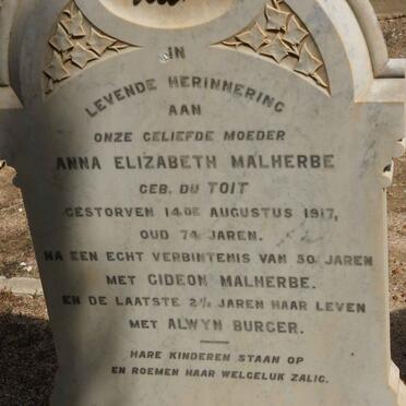 BURGER Anna Elizabeth nee DU TOIT voorheen MALHERBE  -1917