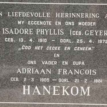 HANEKOM Adriaan Francois 1905-1981 &amp; Isadore Phyllis GEYER 1910-1972