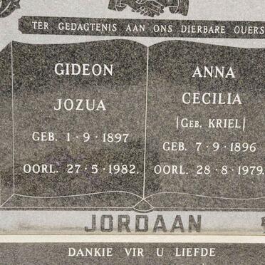 JORDAAN Gideon Jozua 1897-1982 &amp; Anna Cecelia KRIEL 1896-1979