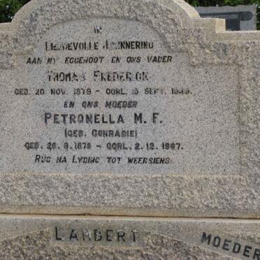 LAMBERT Thomas Frederick 1879-194? &amp; Petronella M.F. CONRADIE 1879-1967