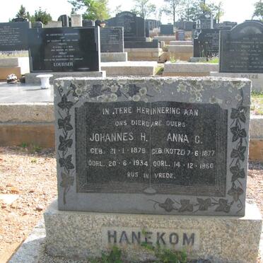 HANEKOM Johannes H. 1879-1934 &amp; Anna C. KOTZE 1877-1960