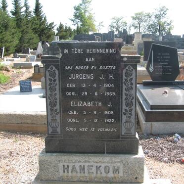 HANEKOM Jurgens J.H. 1904-1959 &amp; Elizabeth J. 1909-1922