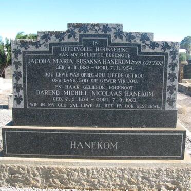 HANEKOM Barend Michiel Nicolaas 1878-1963 &amp; Jacoba Maria Susanna LOTTER 1887-1954