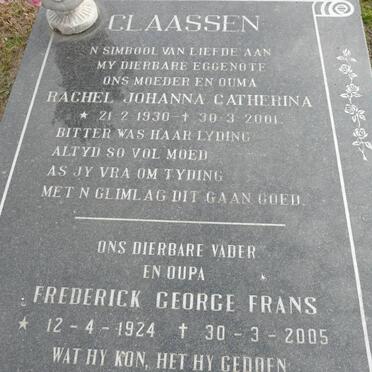 CLAASSEN Frederick George Frans 1924-2005 &amp; Rachel Johanna Catherina 1930-2001
