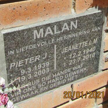 MALAN Pieter J. 1939-2003 &amp; Jeanette L.M. 1940-2010