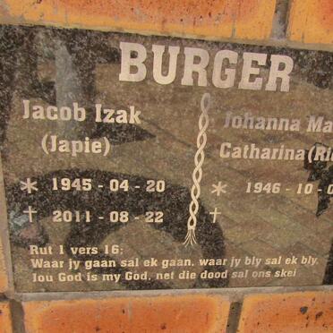 BURGER Jacob Izak 1945-2011 &amp; Johanna Maria Catharina 1946-