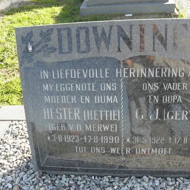 DOWNING G.J. 1922-1991 &amp; Hester V.D. MERWE 1923-1990