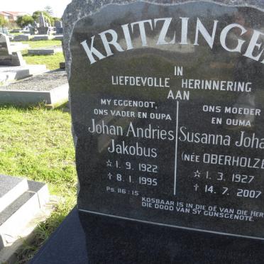 KRITZINGER Johan Andries Jacobus 1922-1995 &amp; Susanna Johanna OBERHOLZER 1927-2007
