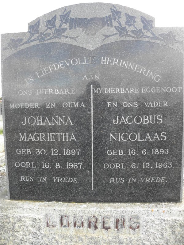 LOURENS Jacobus Nicolaas 1893-1963 &amp; Johanna Magrietha 1897-1967