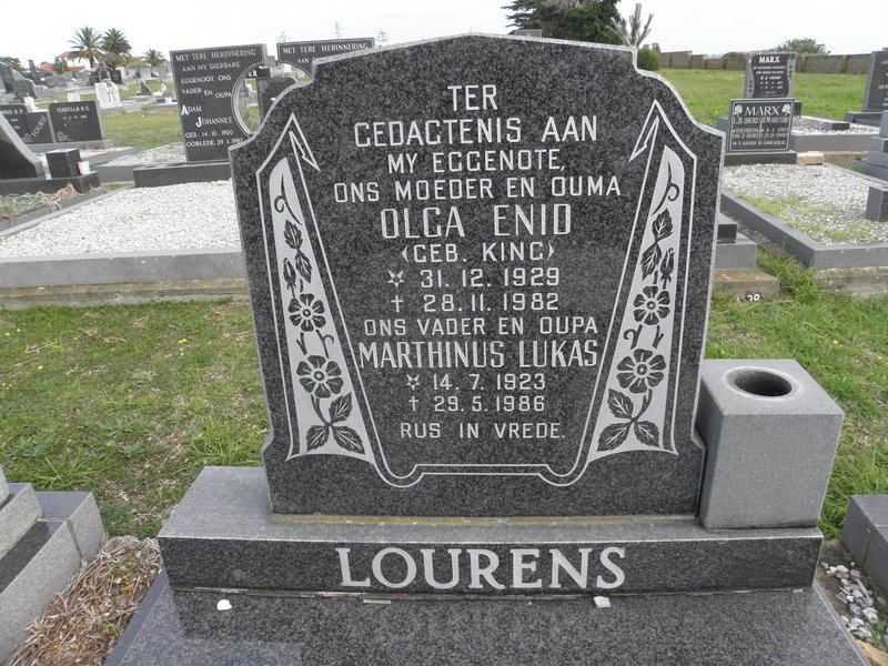 LOURENS Marthinus Lukas 1923-1986 &amp; Olga Enid KING 1929-1982