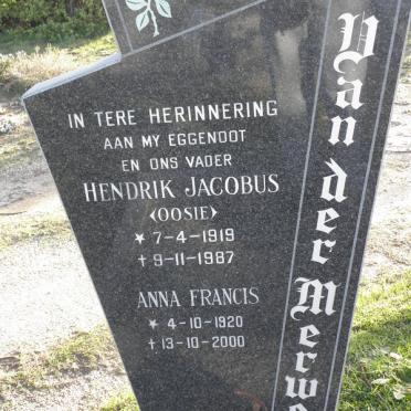 MERWE Hendrik Jacobus, van der 1919-1987 &amp; Anna Francis 1920-2000
