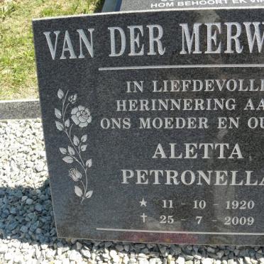 MERWE Aletta Petronella, van der 1920-2009