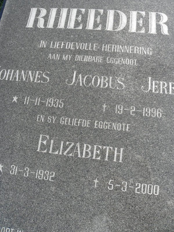 RHEEDER Johannes Jacobus Jere? 1935-1996 &amp; Elizabeth 1932-2000