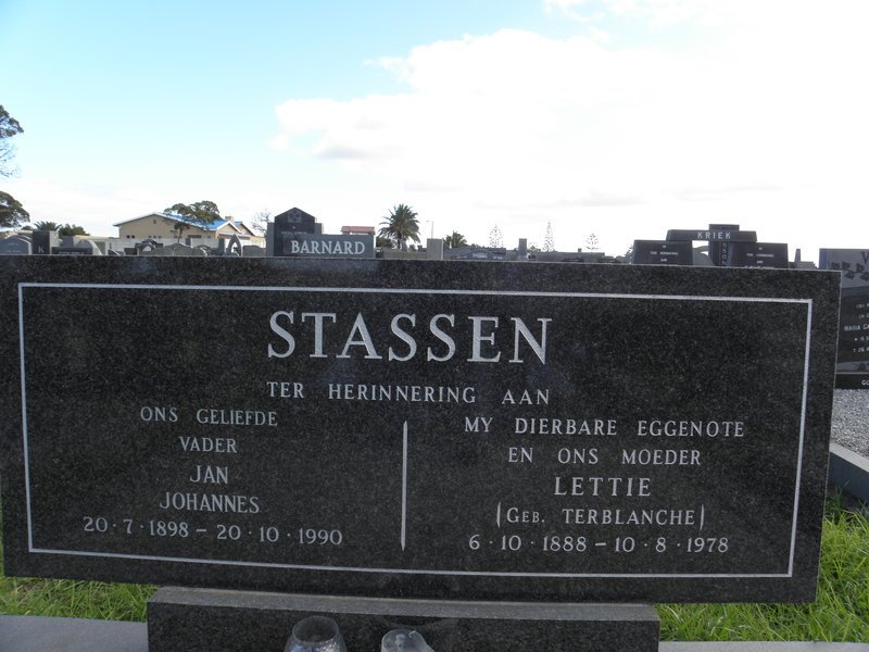 STASSEN Jan Johannes 1898-1990 &amp; Lettie TERBLANCHE 1888-1978