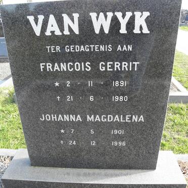 WYK Francois Gerrit, van 1891-1980 &amp; Johanna Magdalena 1901-1996