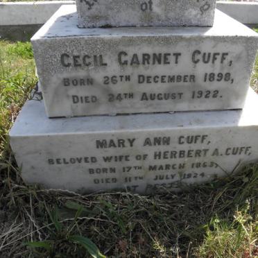 CUFF Cecil Garnet 1898-1922 :: CUFF Mary Ann 1863-1924