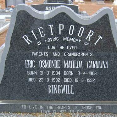 KINGWILL Eric Osmonde 1904-1992 &amp; Matilda Carolina 1906-1992