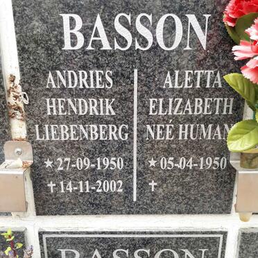 BASSON Andries Hendrik Liebenberg 1950-2002 &amp; Aletta Elizabeth nee HUMAN 1950-
