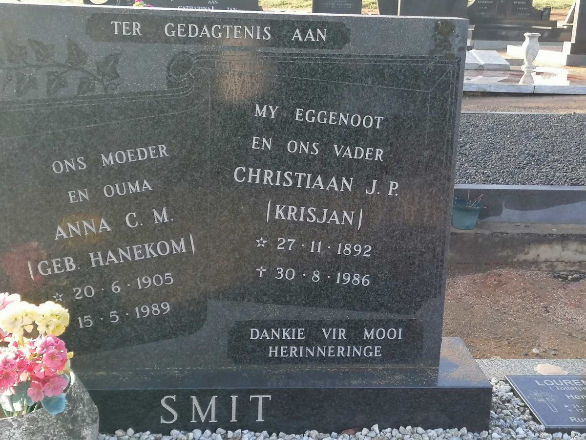 SMIT Christiaan J.P. 1892-1986 &amp; Anna C.M. HANEKOM 1905-1989