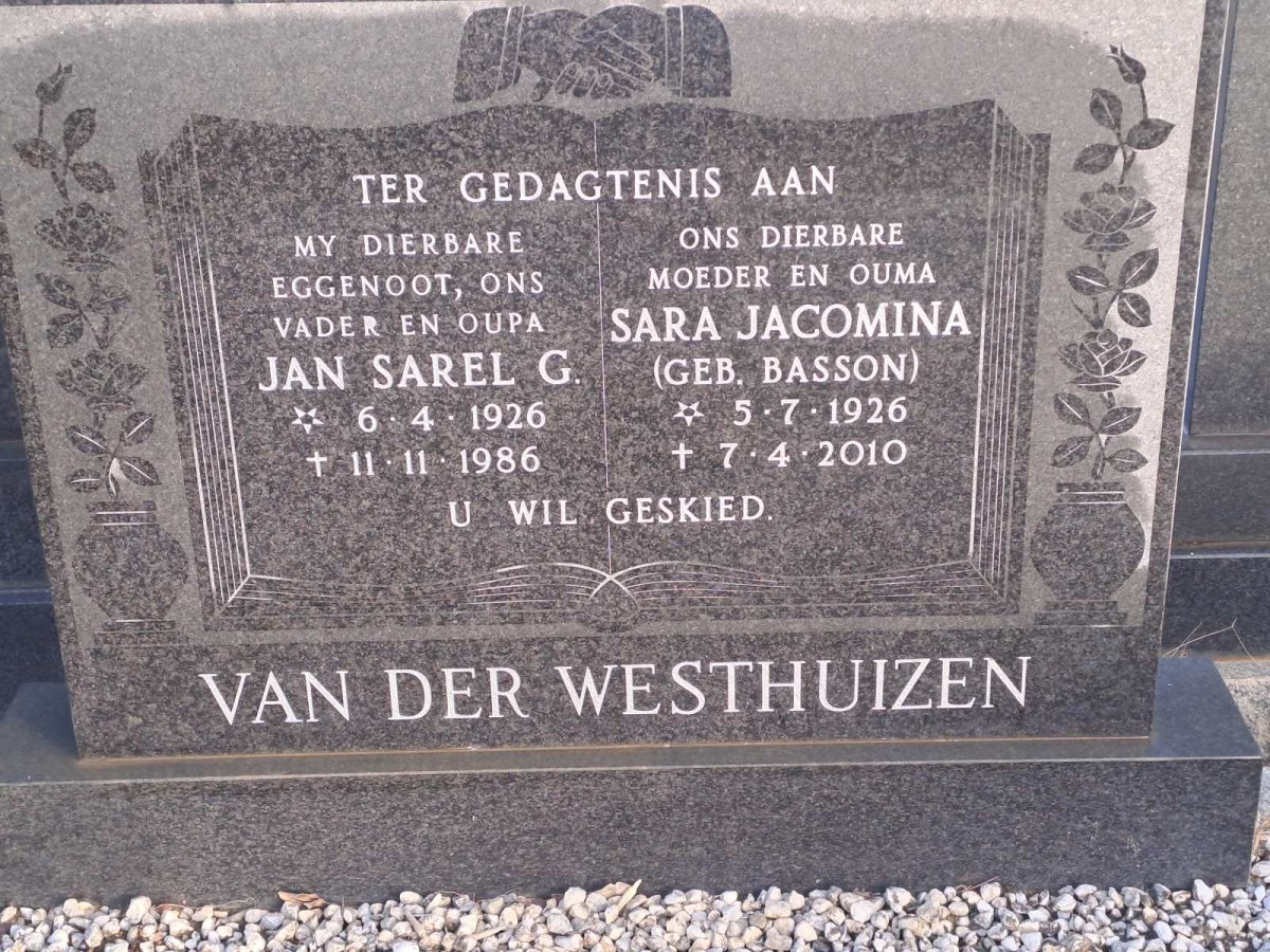 WESTHUIZEN Jan Sarel G., van der 1926-1986 &amp; Sara Jacomina BASSON 1926-2010