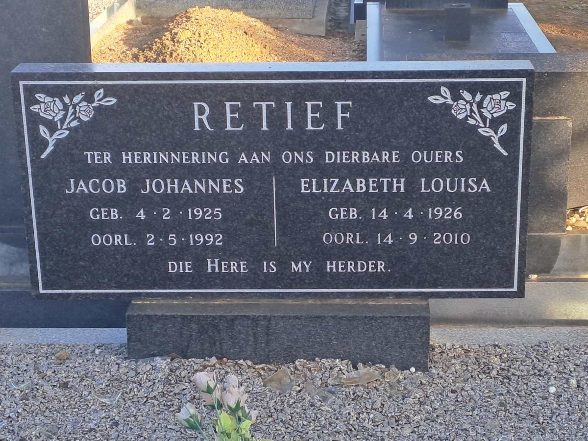 RETIEF Jacob Johannes 1925-1992 &amp; Elizabeth Louisa 1926-2010