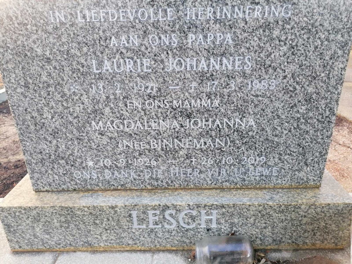 LESCH Laurie Johannes 1921-1983 &amp; Magdalena Johanna BINNEMAN 1926-2019