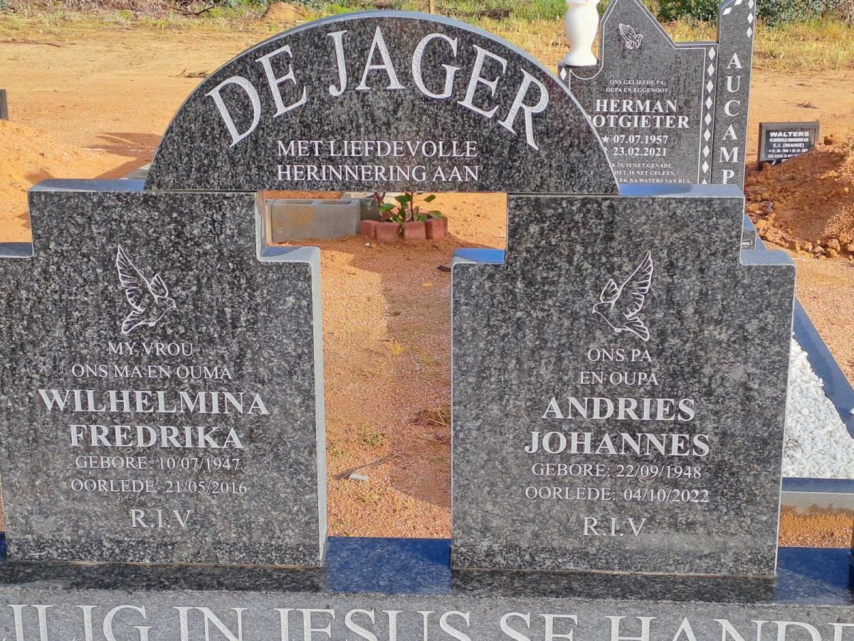 JAGER Andries Johannes, de 1948-2022 &amp; Wilhelmina Fredrika 1947-2016