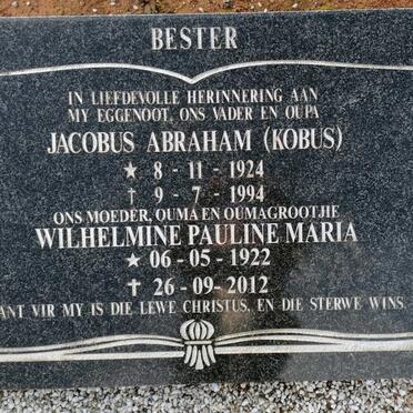 BESTER Jacobus Abraham 1924-1994 &amp; Wilhelmine Pauline Maria 1922-2012