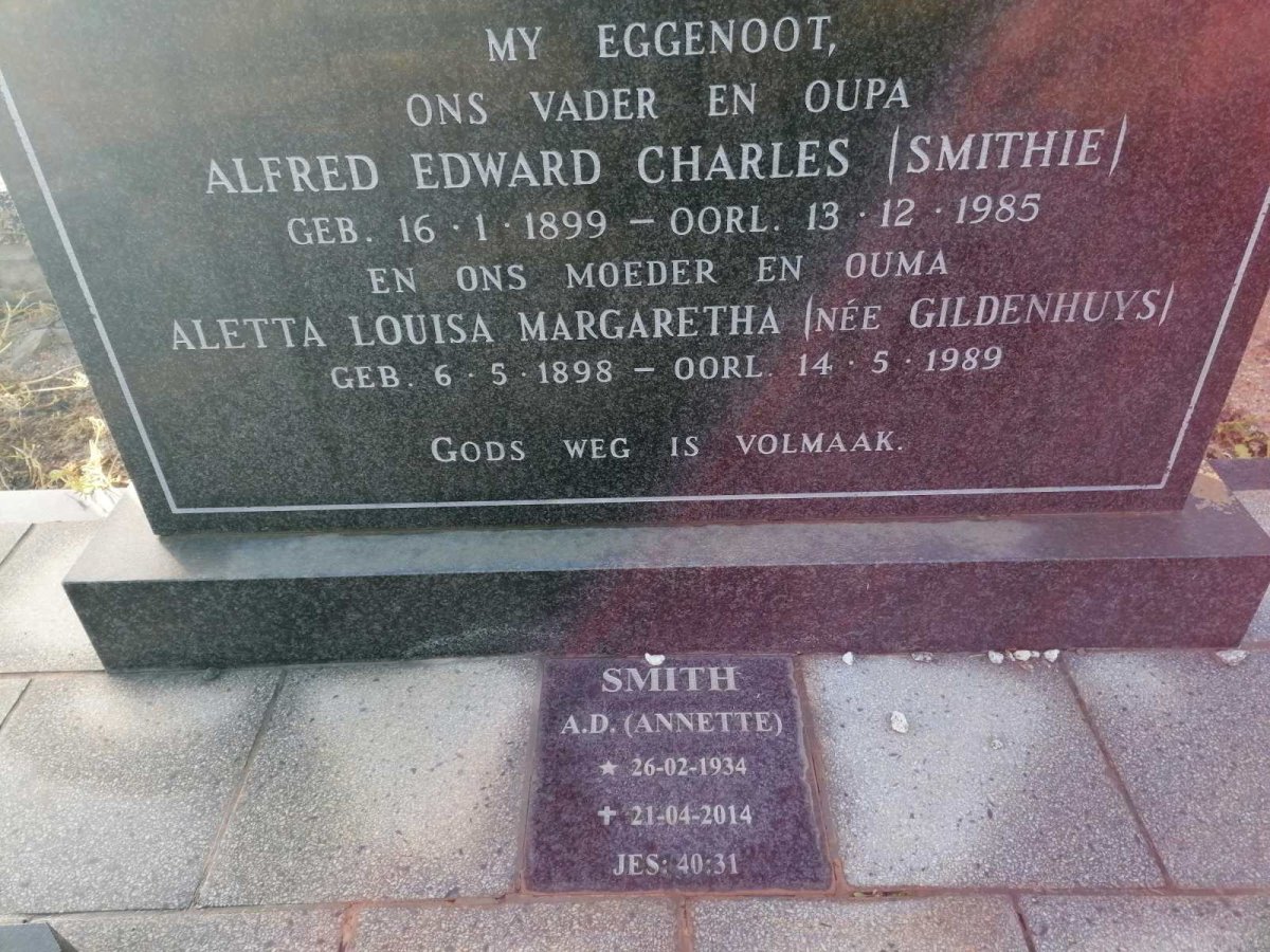 SMITH Alfred Edward Charles 1899-1985 &amp; Aletta Louisa Margaretha GILDENHUYS 1898-1989 :: SMITH A.D. 1934-2014