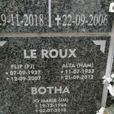 ROUX P.J., le 1937-2007 &amp; H.A.M. 1933-2012 :: BOTHA Jo Marie 1964-2019