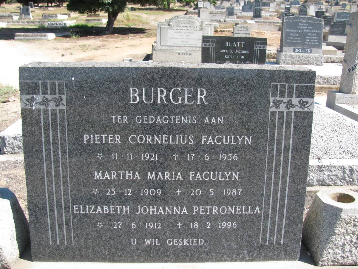 BURGER Pieter Cornelius Faculyn 1921-1956 :: BURGER Martha Maria Faculyn 1909-1987