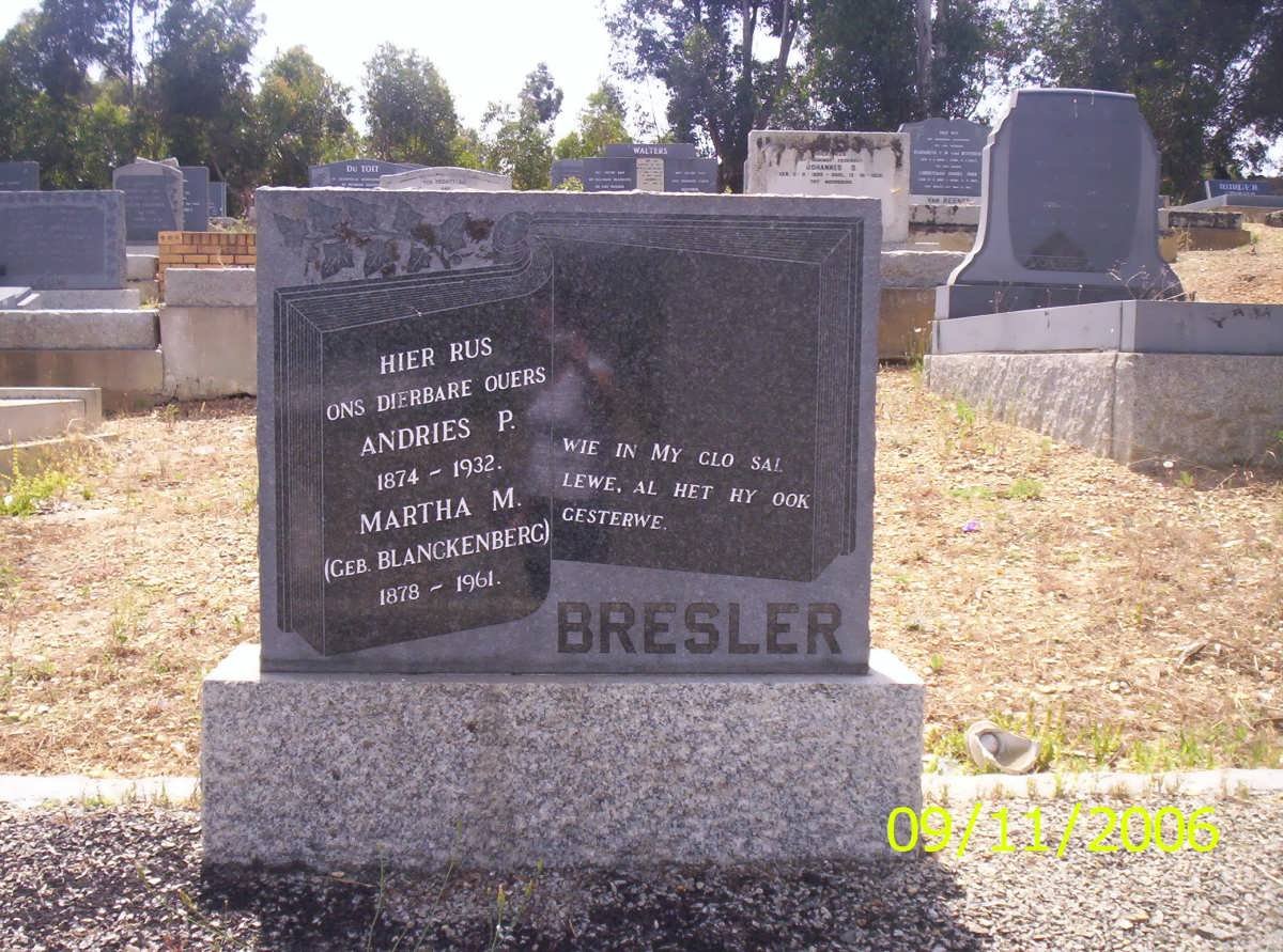 BRESLER  Andries P. 1874-1932 &amp; Martha M. BLANCKENBERG 1978-1961