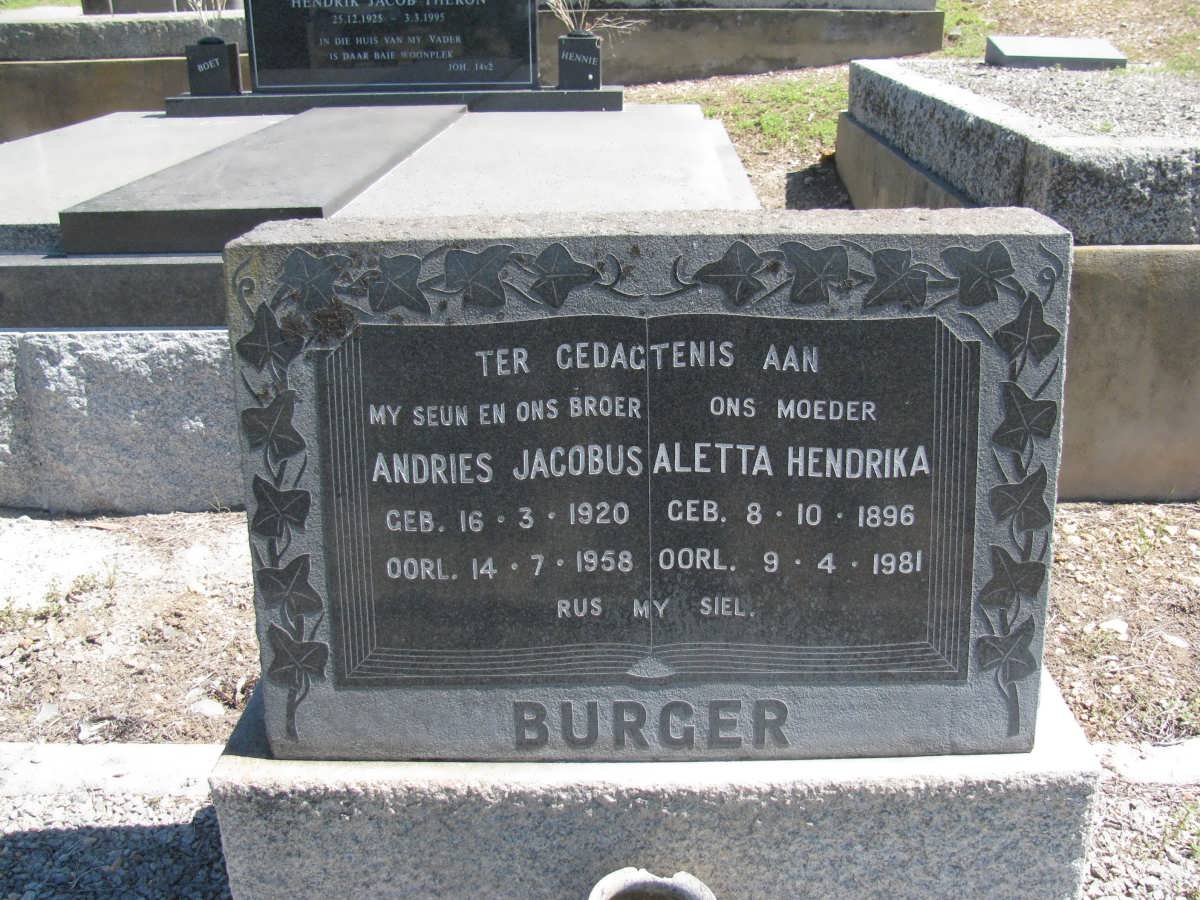 BURGER Andries Jacobus 1920-1958 :: BURGER Aletta Hendrika 1896-1981