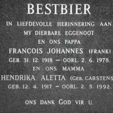 BESTBIER Francois Johannes 1918-1978 &amp; Hendrika Aletta CARSTENS 1917-1992