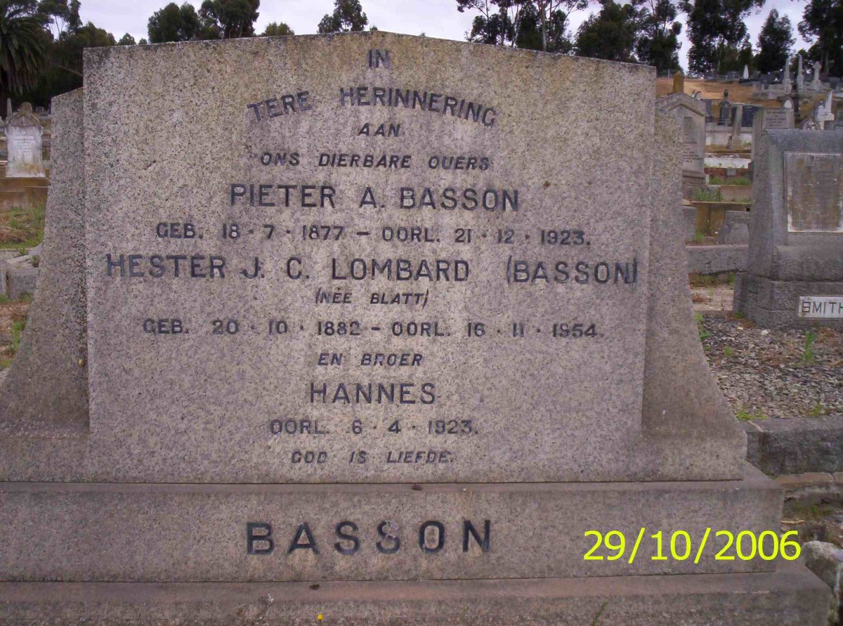 BASSON Pieter A. 1877-1923 &amp; Hester J. C. LOMBARD formerly BASSON neé BLATT 1882-1954 :: BASSON Hannes -1923