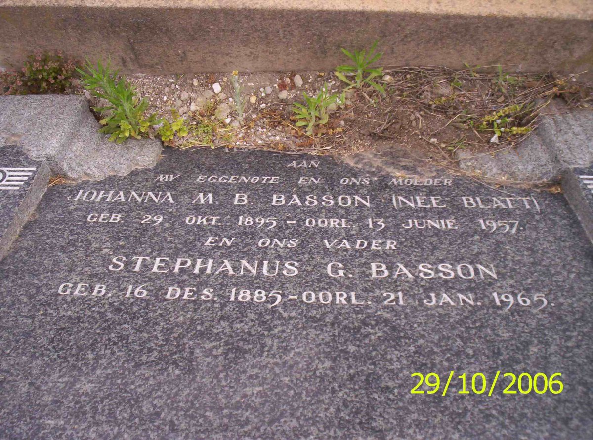 BASSON Stephanus G. 1885-1965 &amp; Johanna M.B. BLATT 1895-1957