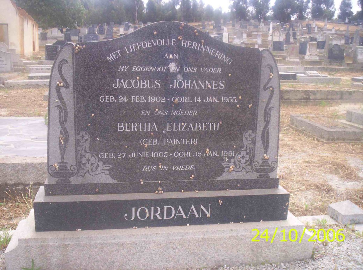 JORDAAN Jacobus Johannes 1902-1955 &amp; Bertha Elizabeth PAINTER 1905-1991