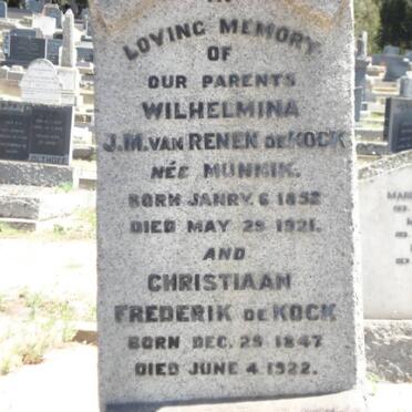 KOCK Christiaan Frederik, de 1847-1922 &amp; Wilhelmina J.M. VAN RENEN previously DE KOCK nee MUNNIK 1852-1921