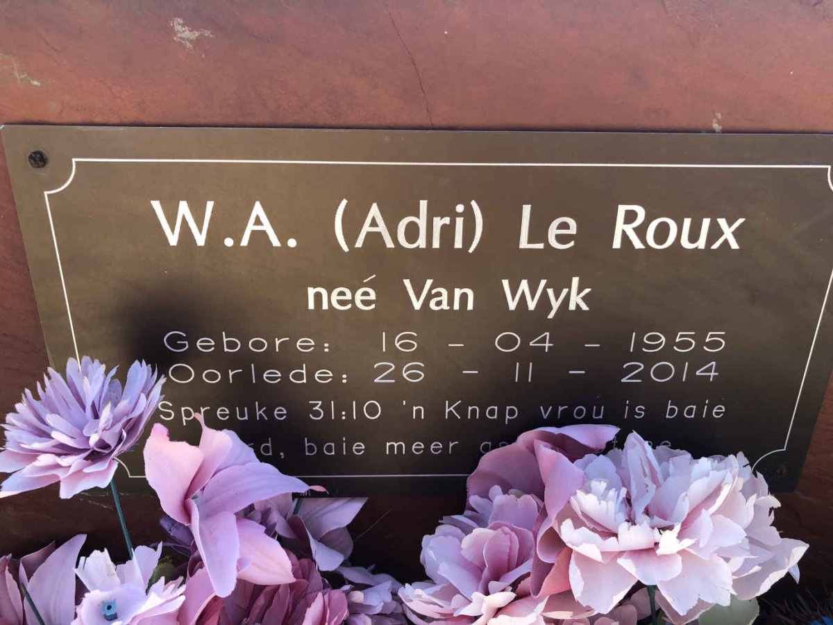 ROUX W.A., le nee VAN WYK 1955-2014