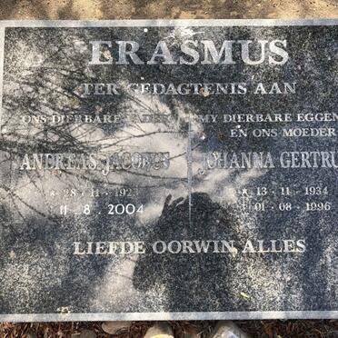 ERASMUS Andreas Jacobus 1923-2004 &amp; Johanna Gertruida 1934-1996
